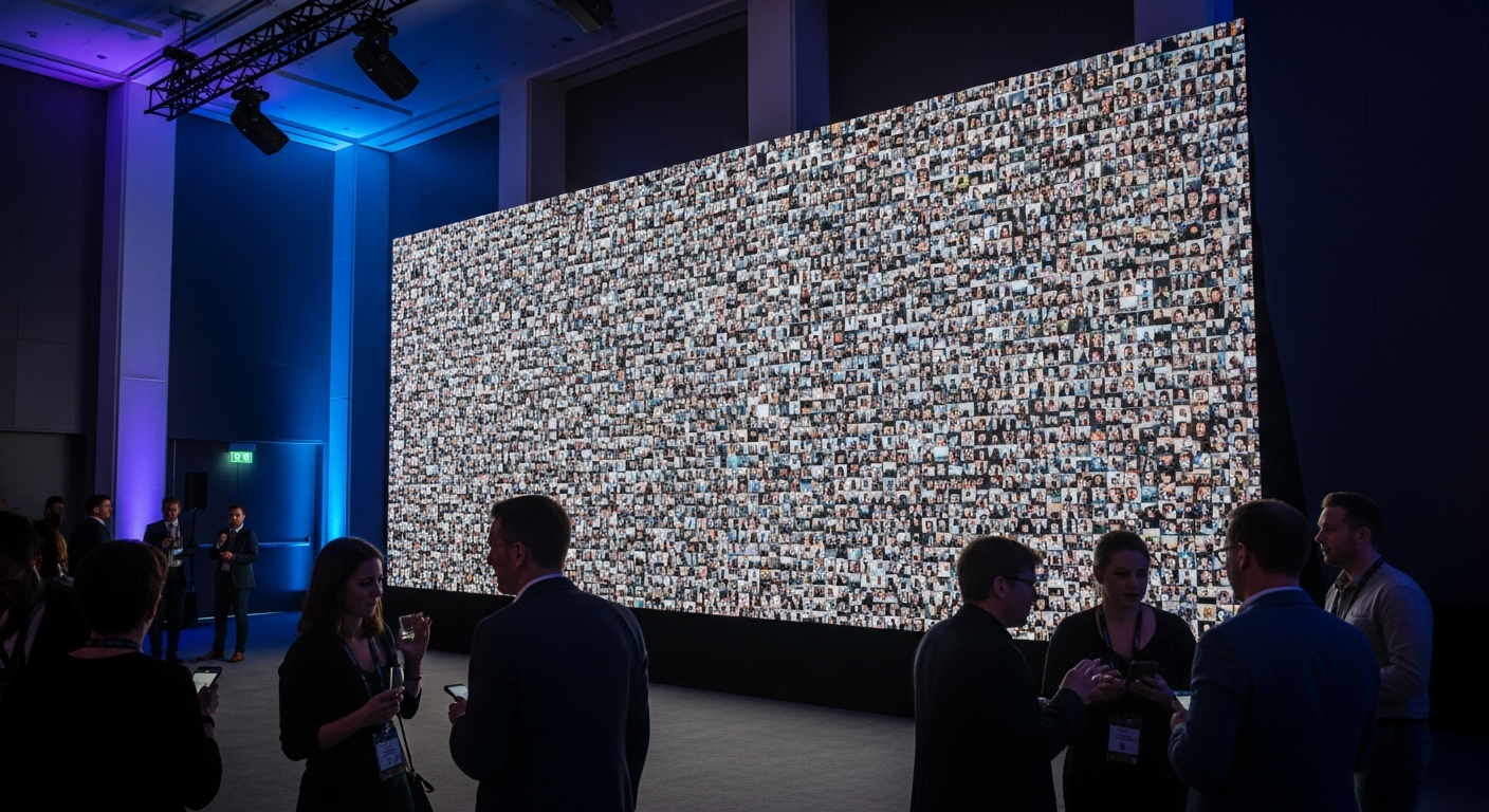 Live photo wall on a large TV screen showing guest uploads in real time — the hallmark of the best event photo sharing software