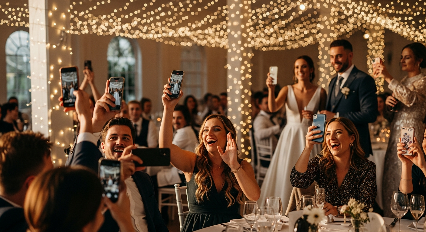 Wedding guests using a real-time photo sharing platform to capture moments on their smartphones during a reception
