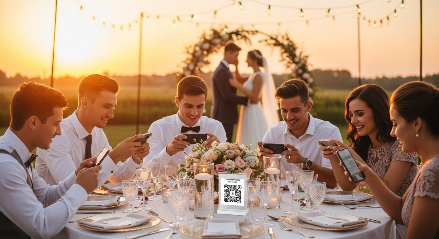 Wedding guests scanning a QR code to upload photos using wedding photo sharing software at an outdoor reception