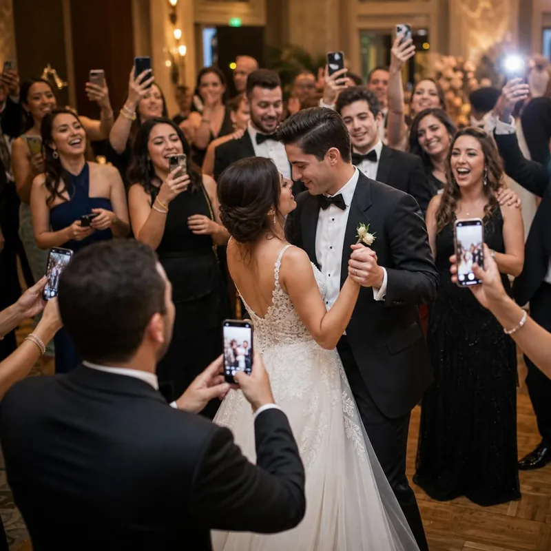 A couple surrounded by celebrating guests